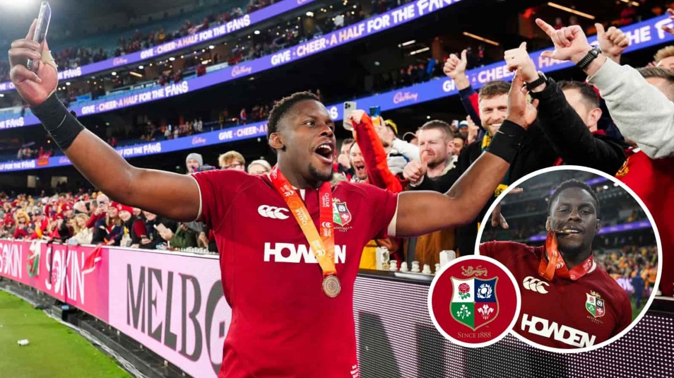 Maro Itoje celebrating British and Irish Lions success and the captain with his player of the match medal (inset).