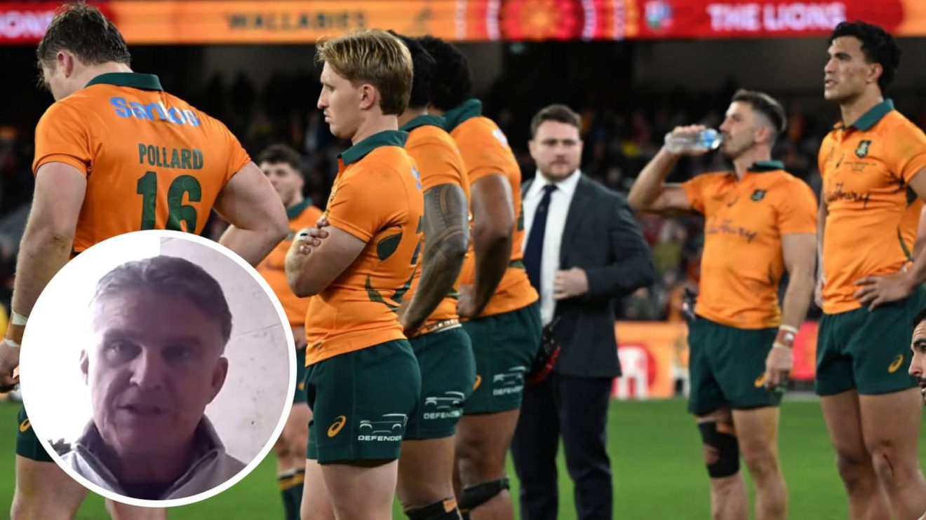 Wallabies players dejected after second Test defeat to British and Irish Lions and legendary Australian centre Tim Horan (inset).