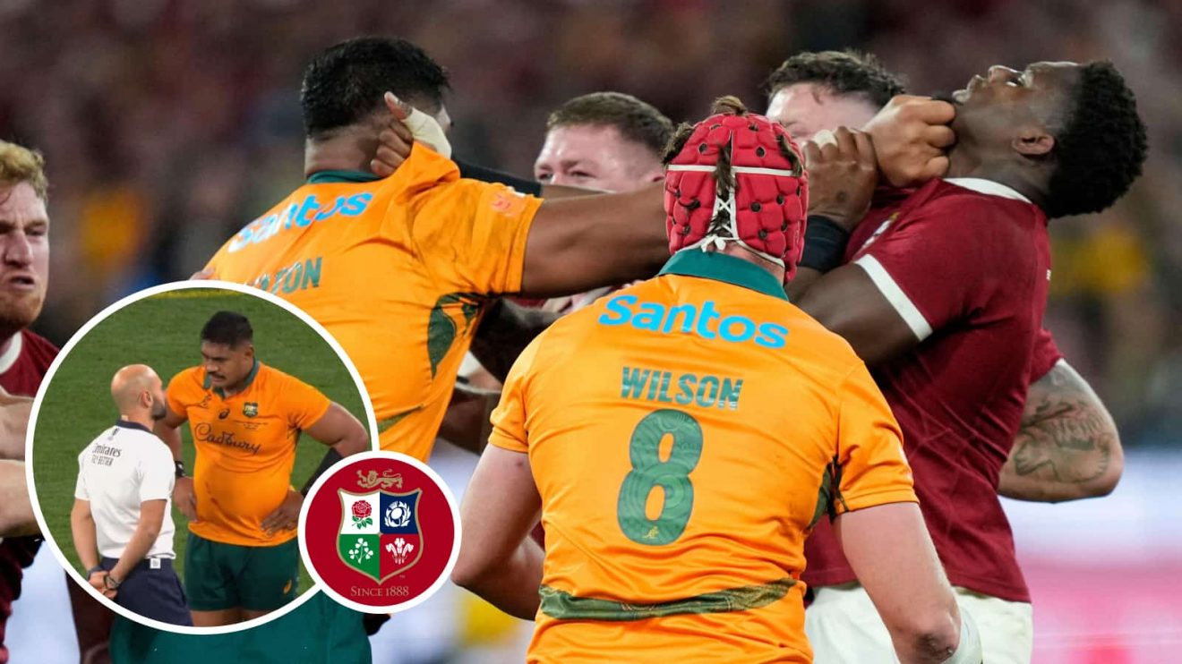 Maro Itoje captain of British & Irish Lions and Australia's Will Skelton clash during the second Test and an inset of the latter chatting to referee Andrea Piardi.