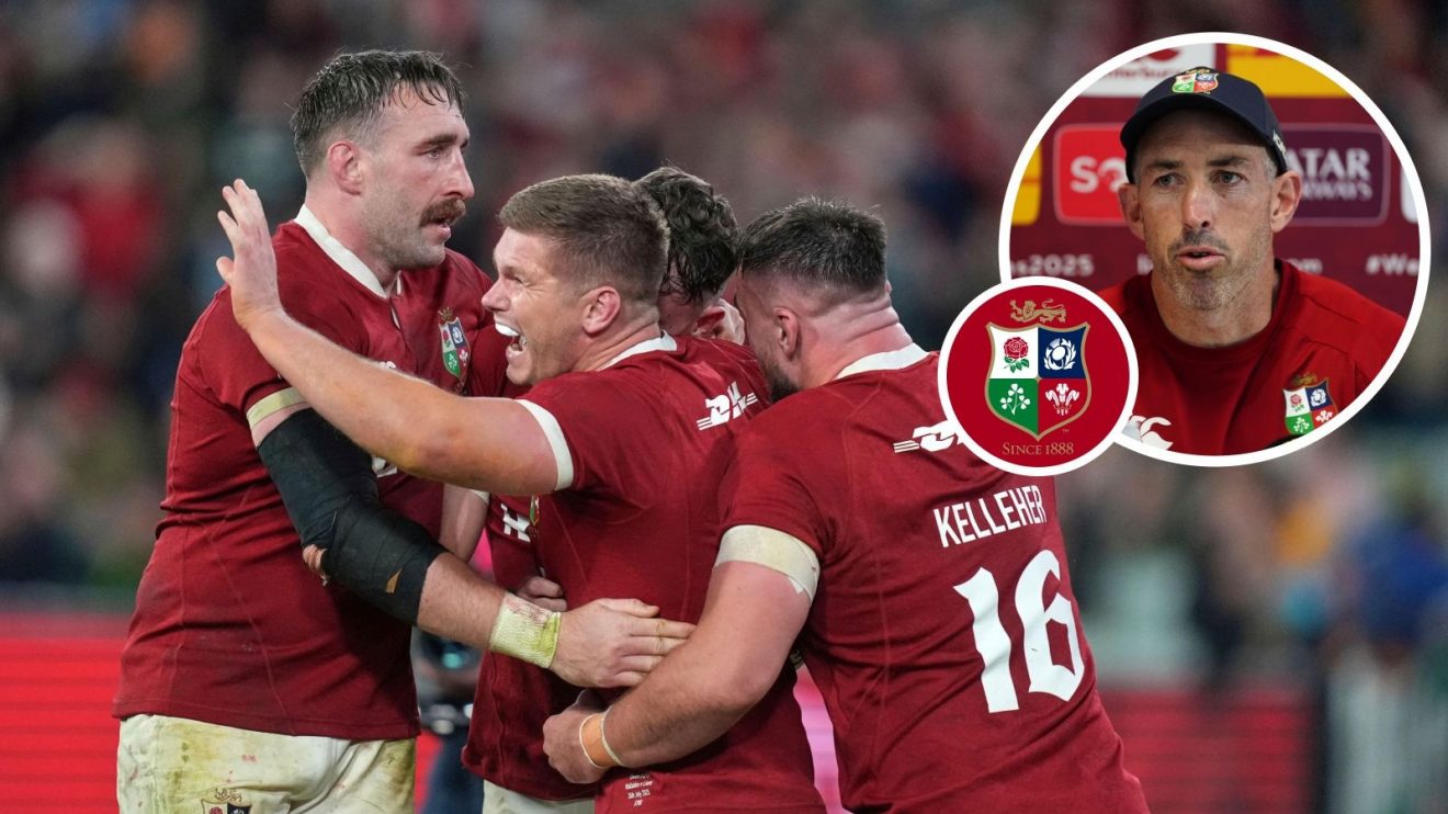 A two layered image of British and Irish Lions players and coach Andrew Goodman