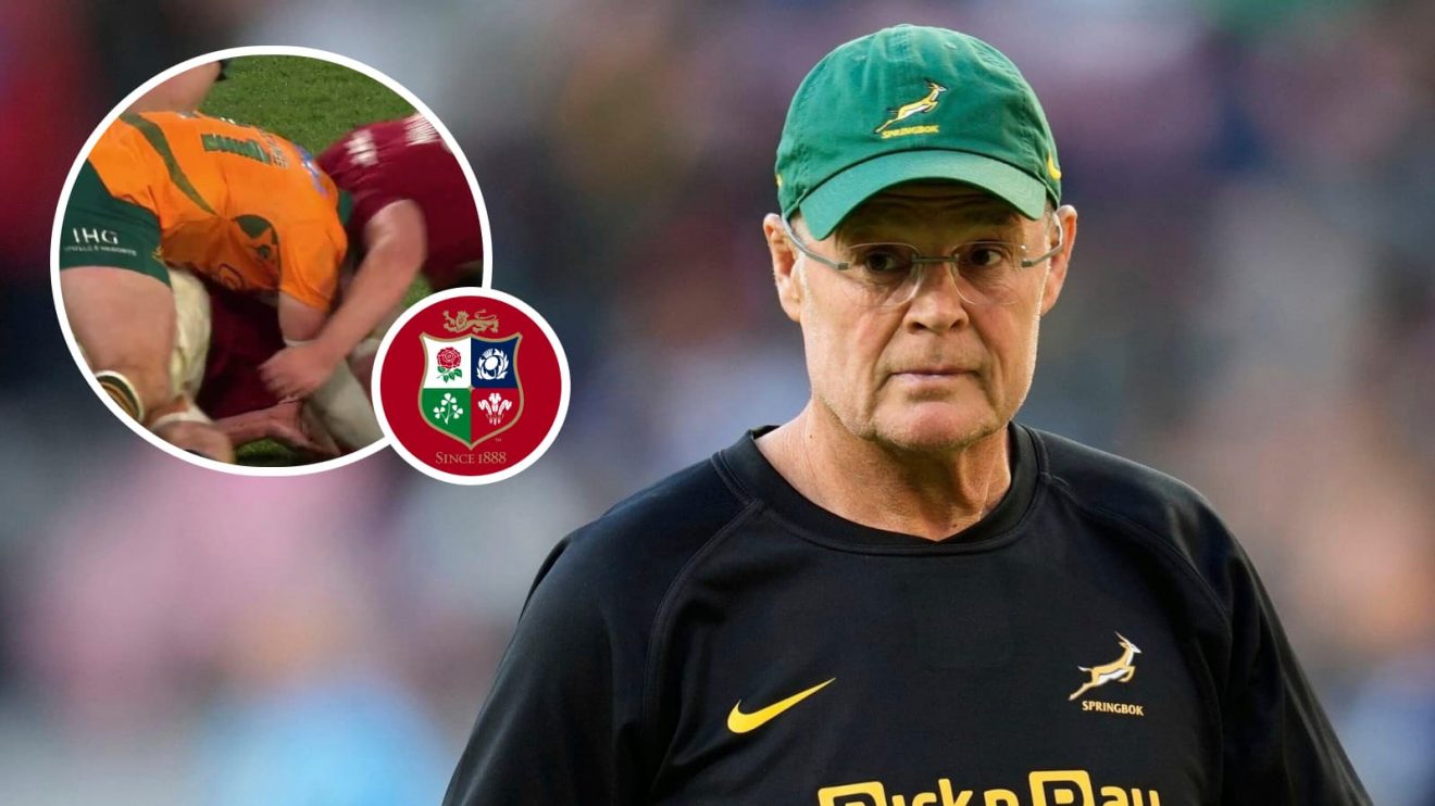 Springboks head coach Rassie Erasmus and an inset of Jac Morgan's controversial clear-out on Carlo Tizzano.