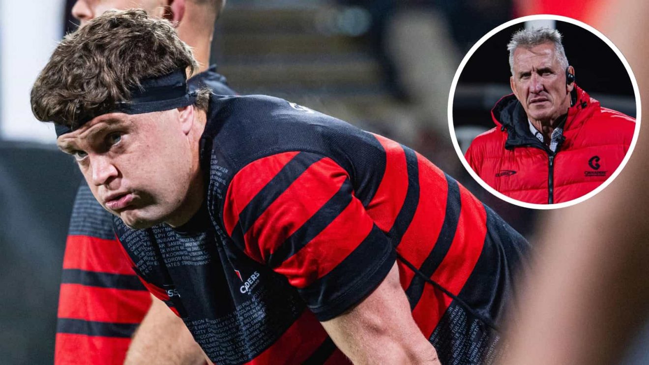 All Blacks captain Scott Barrett and an inset of Crusaders head coach Rob Penney.