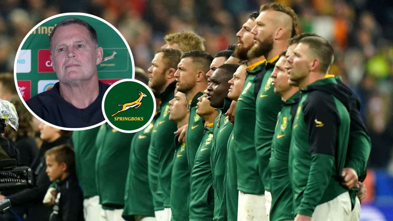 Springboks players sing South Africa's national anthem and an inset of head coach Rassie Erasmus.