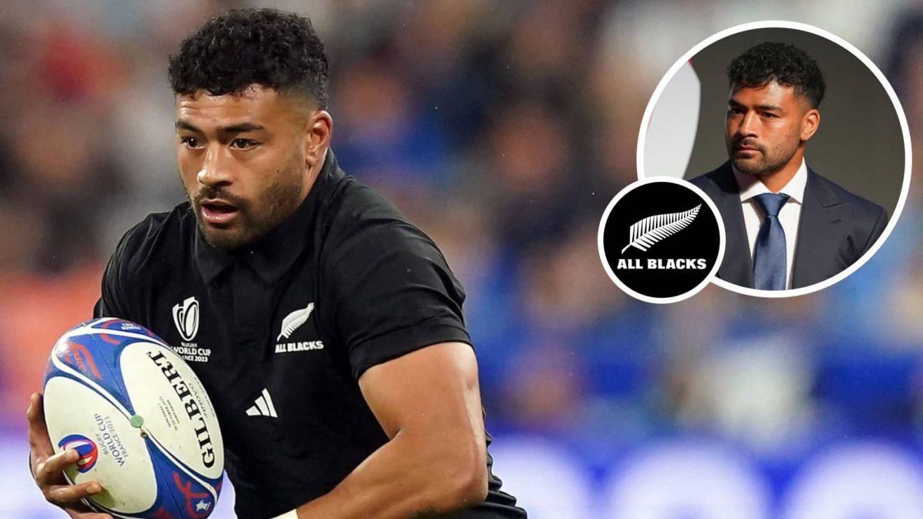 Richie Mo'unga in action during 2023 Rugby World Cup and during his time in Japan (inset).