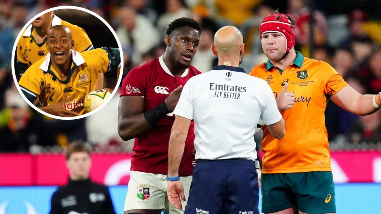 Maro Itoje of the British and Irish Lions and Harry Wilson of Australia speaking with referee Andrea Piardi and an inset of Wallabies legend George Gregan.