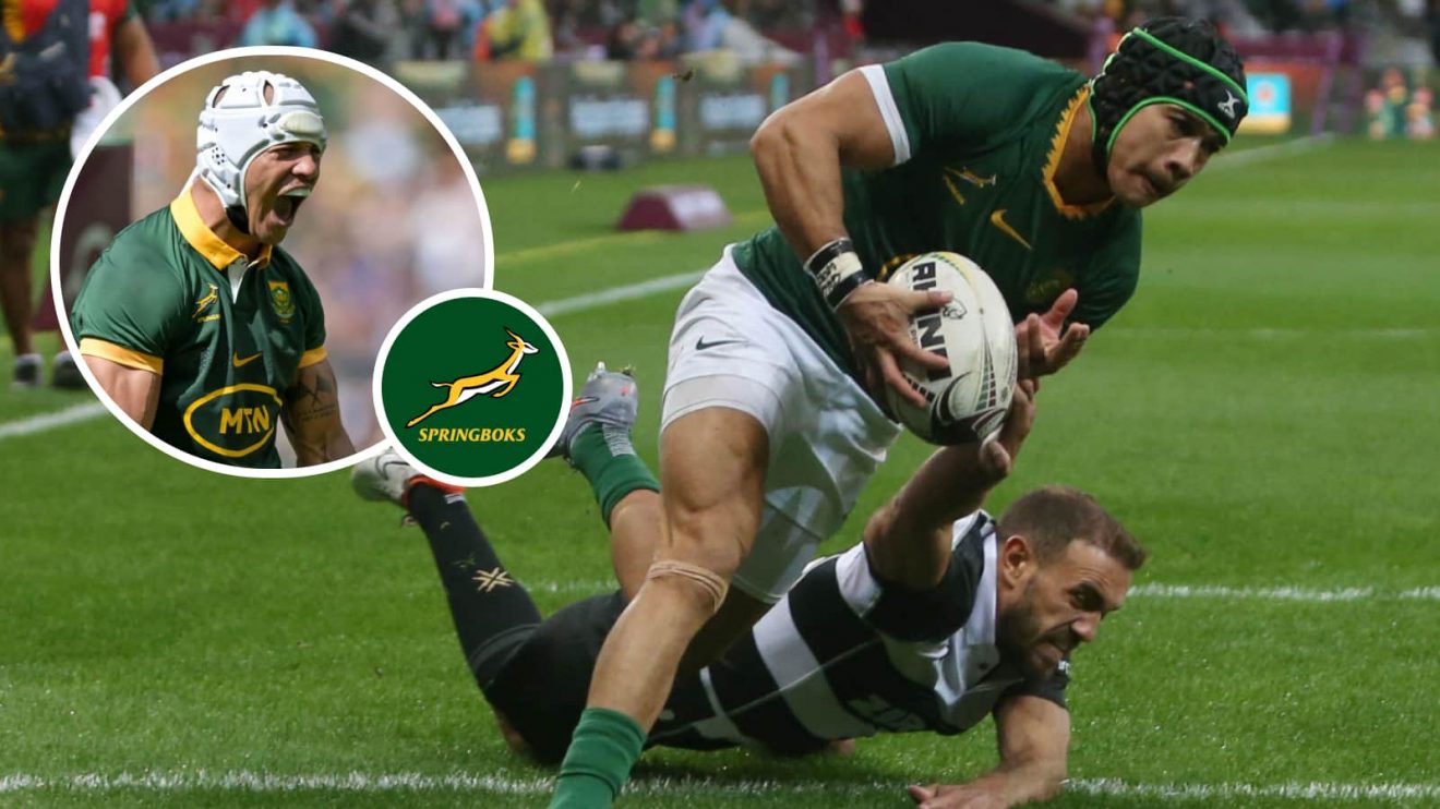Springboks wings Cheslin Kolbe and Edwill van der Merwe (inset).
