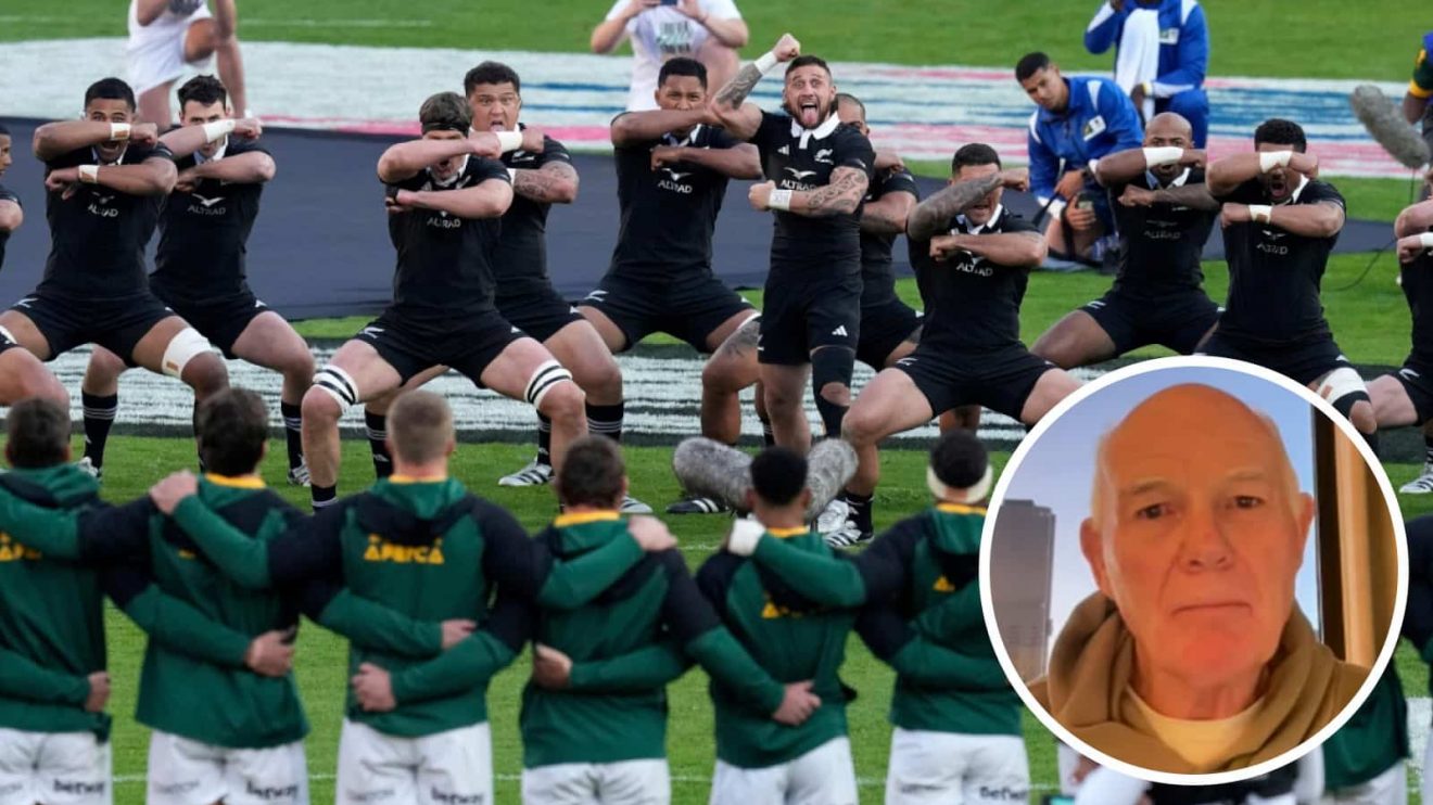 All Blacks haka ahead of Springboks clash in 2024 and former scrum coach Mike Cron (inset).