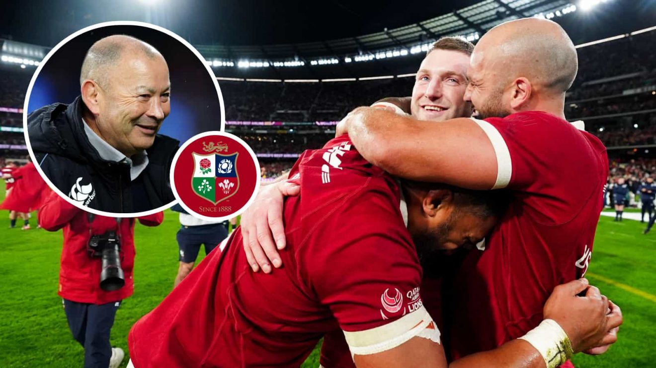 British and Irish Lions Bundee Aki, Finn Russell and Jamison Gibson-Park with an inset of Eddie Jones.