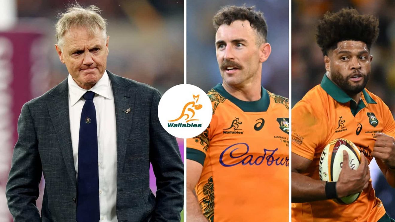 Wallabies head coach Joe Schmidt and players Nic White and Rob Valetini.