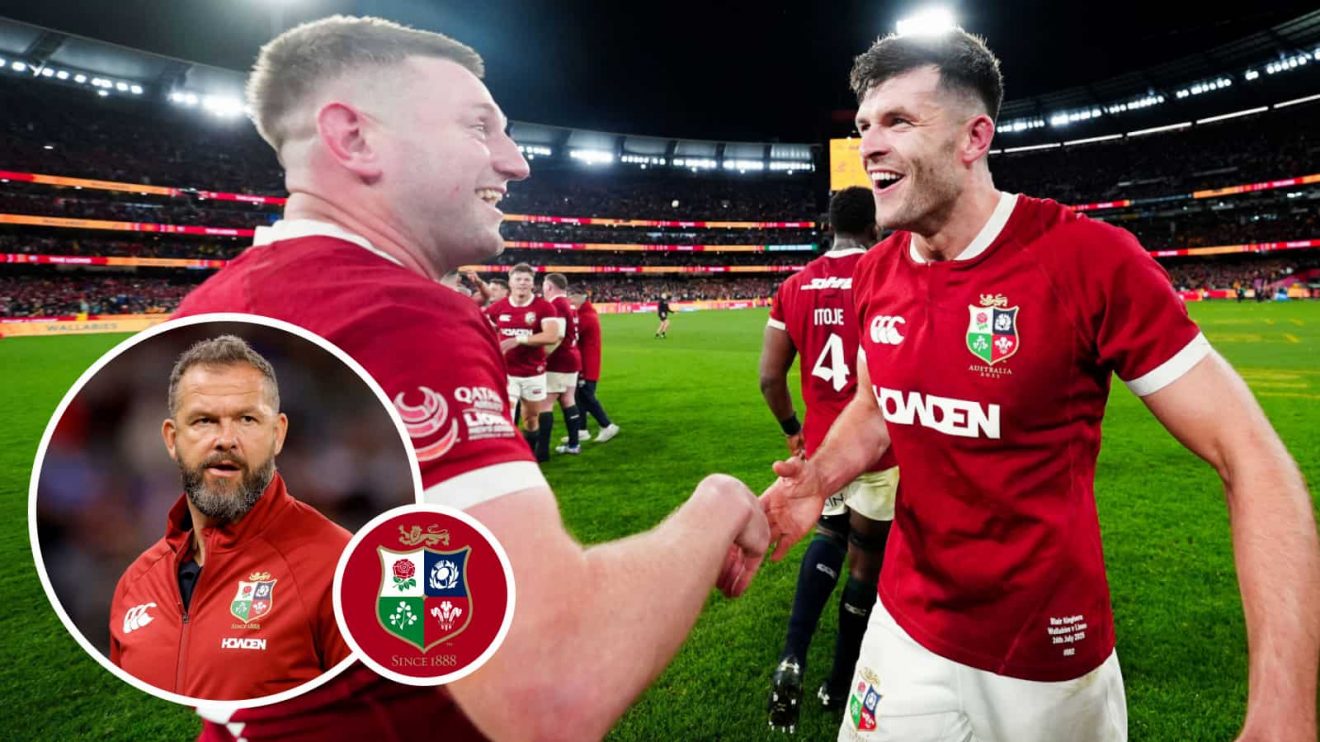 Finn Russell and Blair Kinghorn after British and Irish Lions' second Test victory over the Wallabies, and head coach Andy Farrell (inset).