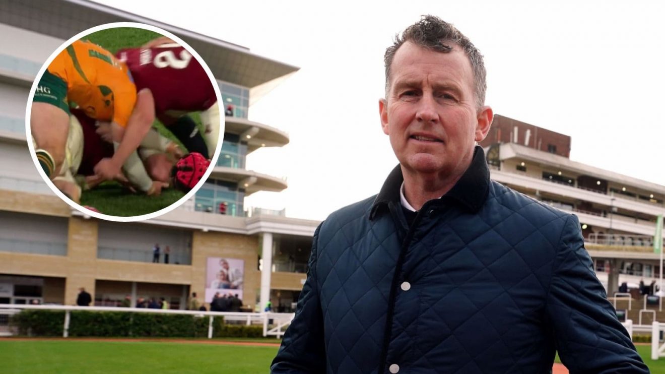 Former Test referee Nigel Owens and Jac Morgan's clearout on Carlo Tizzano (inset).