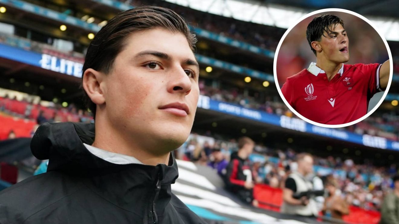 Louis Rees-Zammit while at the Jacksonville Jaguars and in action for Wales (inset) at the 2023 Rugby World Cup.