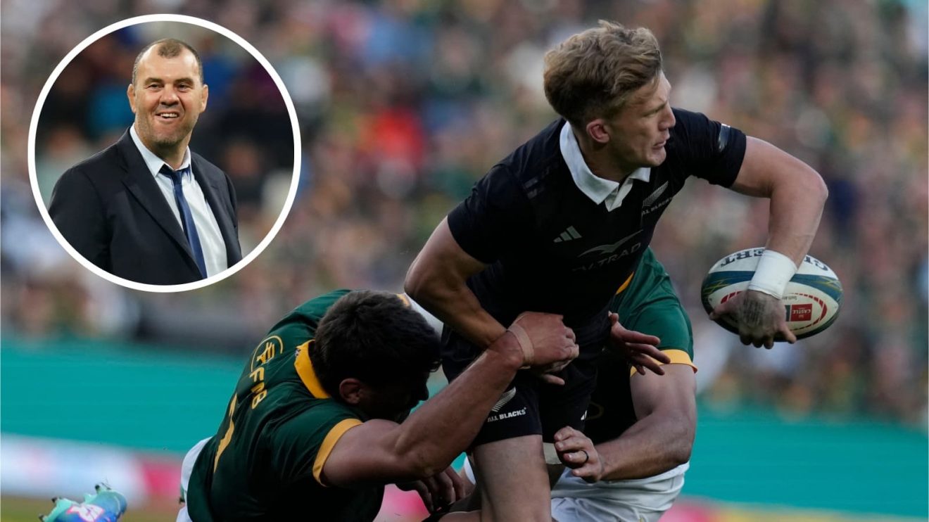 All Blacks fly-half in action against the Springboks and an inset of ex-Wallabies coach Michael Cheika
