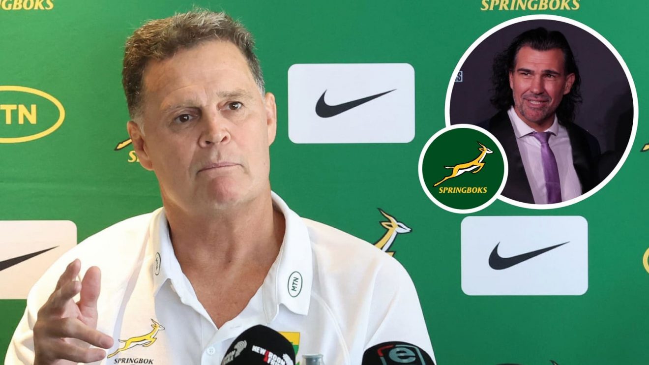 Springboks head coach Rassie Erasmus and legendary lock Victor Matfield (inset).