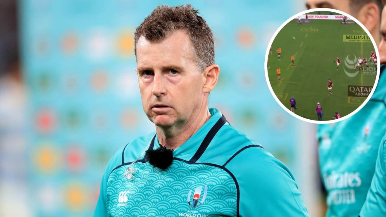 Ex-Referee Nigel Owens and an inset of Lions fly-half Finn Russell kicking the ball to touch against the Wallabies.