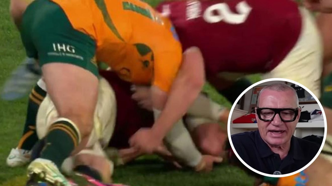 Jac Morgan clearing out Carlo Tizzano and All Blacks legend Sir John Kirwan (inset).