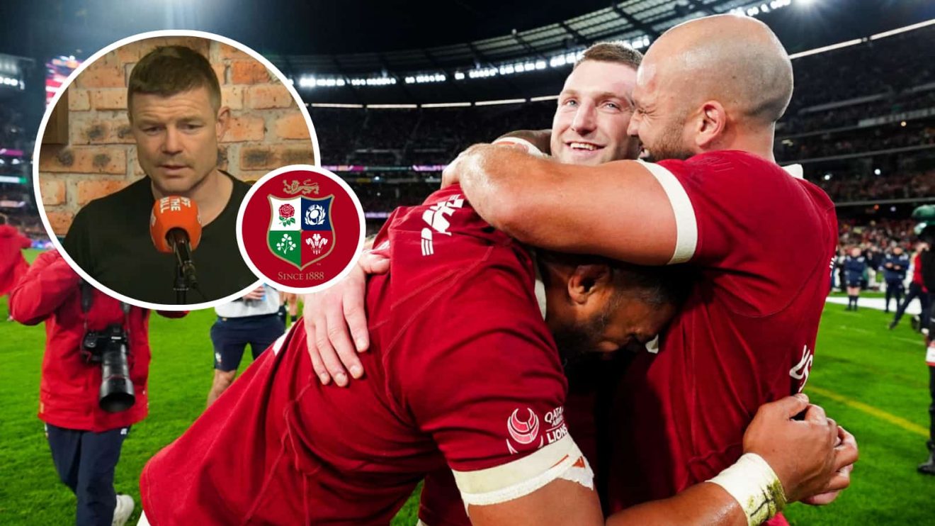 Jamison Gibson-Park and Finn Russell celebrating the British and Irish Lions' series victory, and legendary centre Brian O'Driscoll (inset).