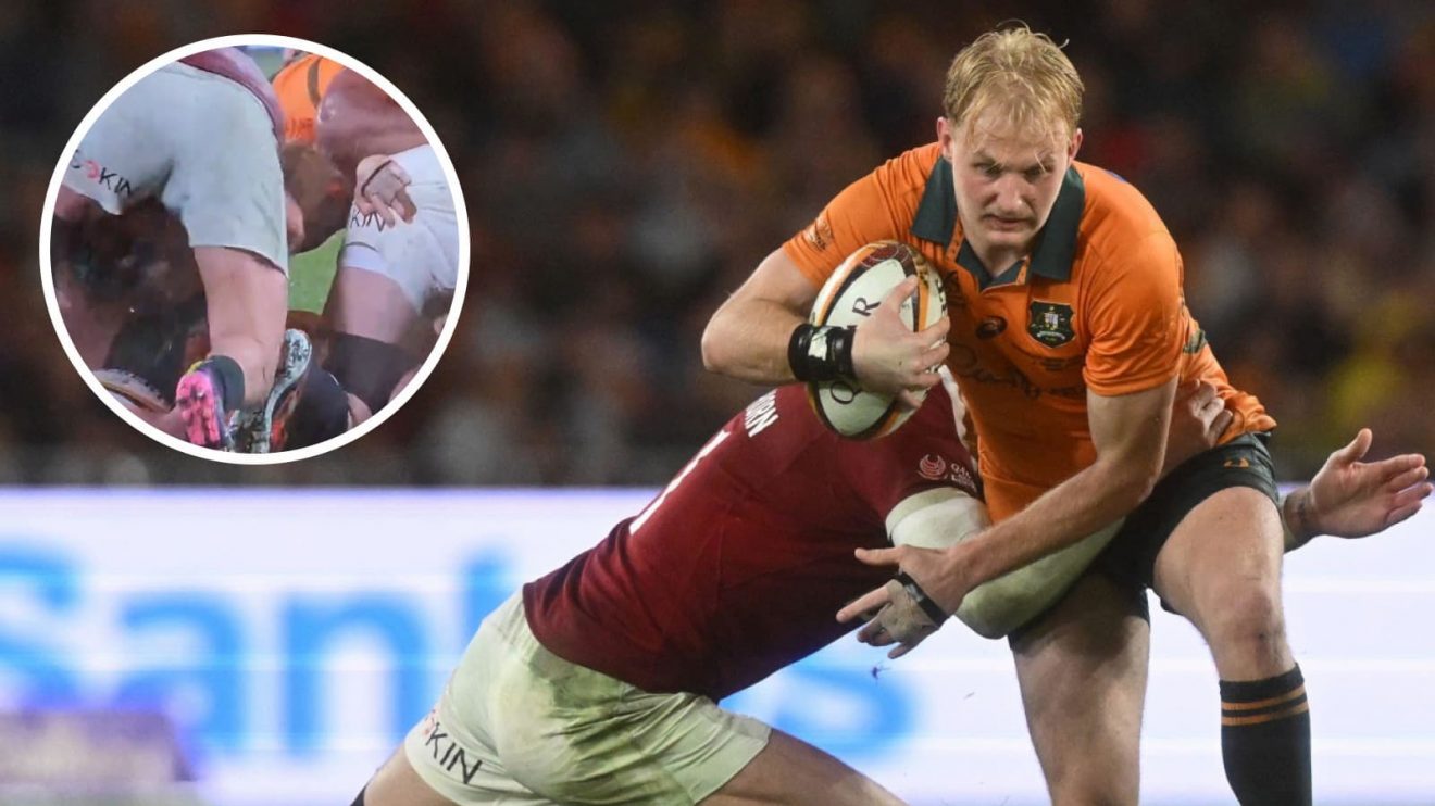 Tom Lynagh in action for the Wallabies against British and Irish Lions before being taken out of the game by Dan Sheehan (inset).