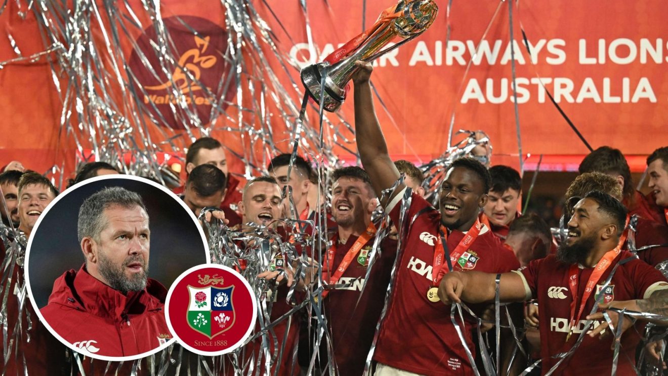 A two layered image of Andy Farrell and Lions players celebrating