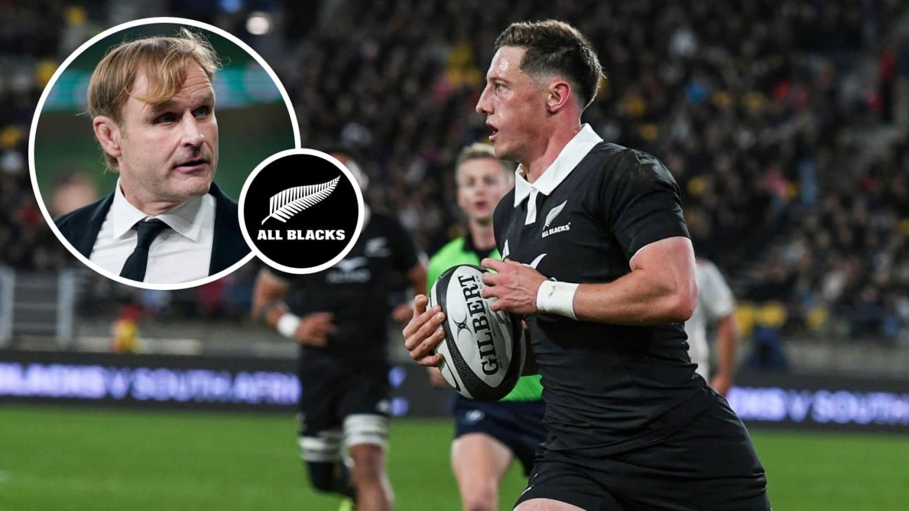 All Blacks scrum-half Cameron Roigard and an inset of head coach Scott Robertson