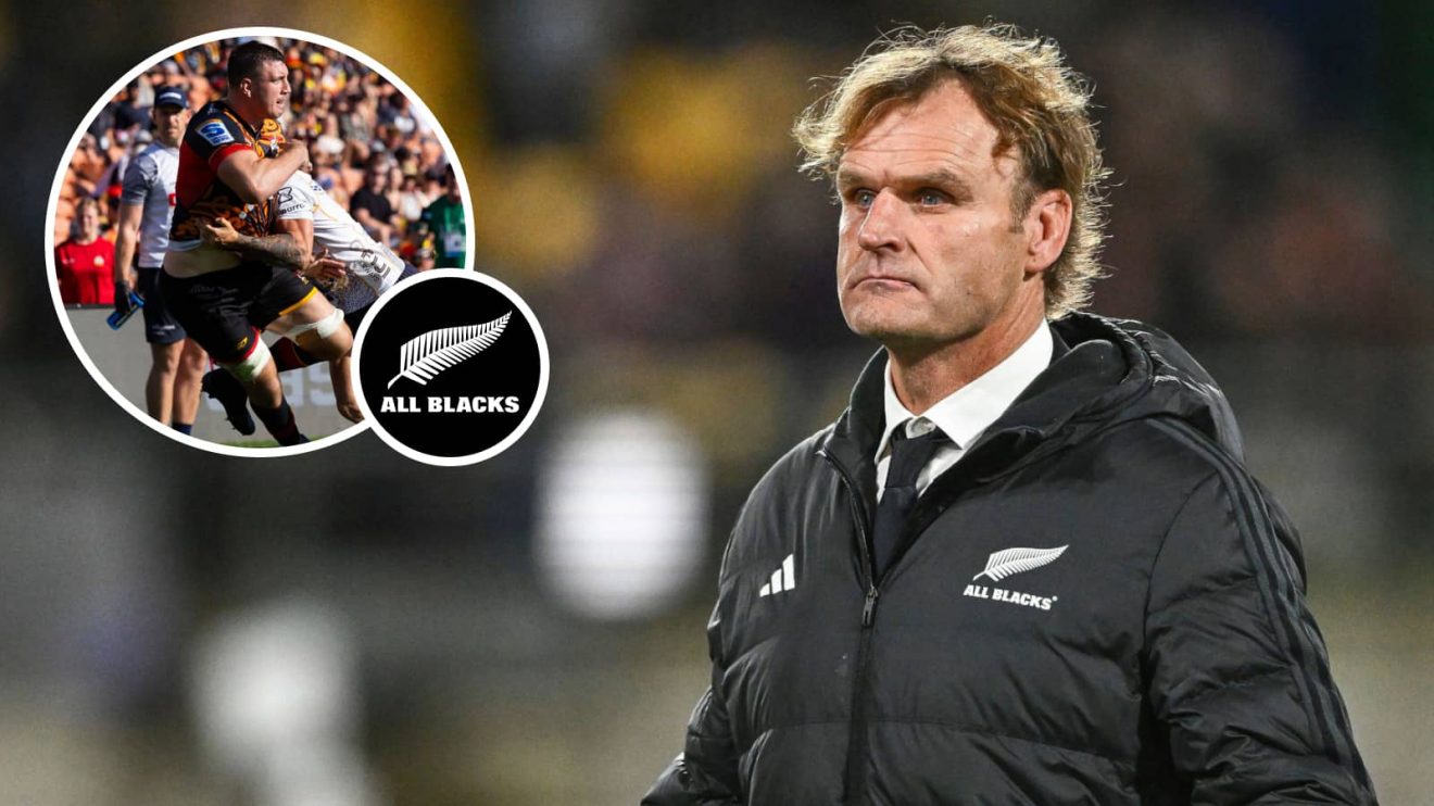 All Blacks head coach Scott Robertson and rookie Simon Parker (inset) in action for the Chiefs.