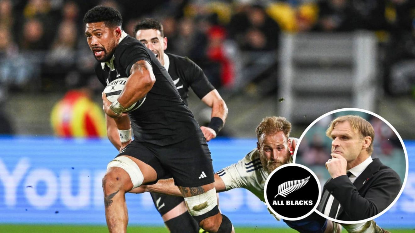 Ardie Savea in action against France and All Blacks head coach Scott Robertson (inset).