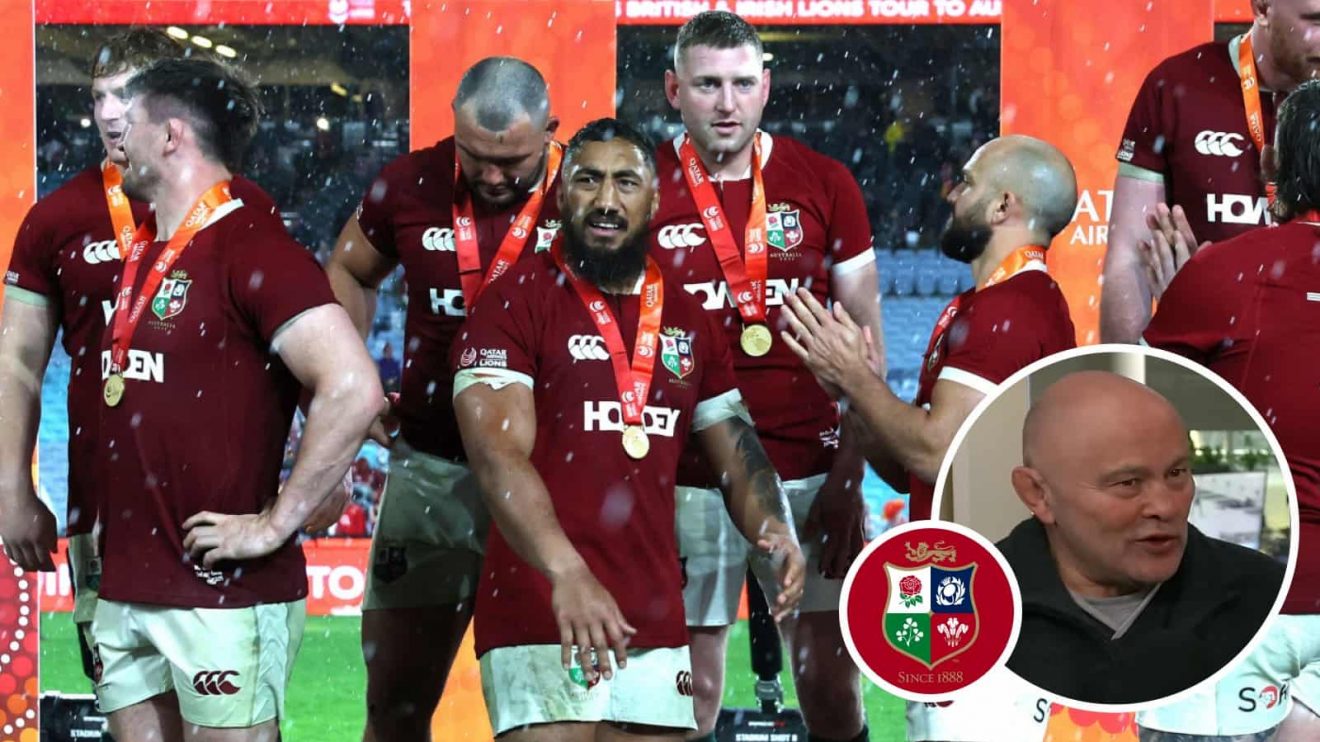 British and Irish Lions players after series victory and former hooker Brian Moore (inset).