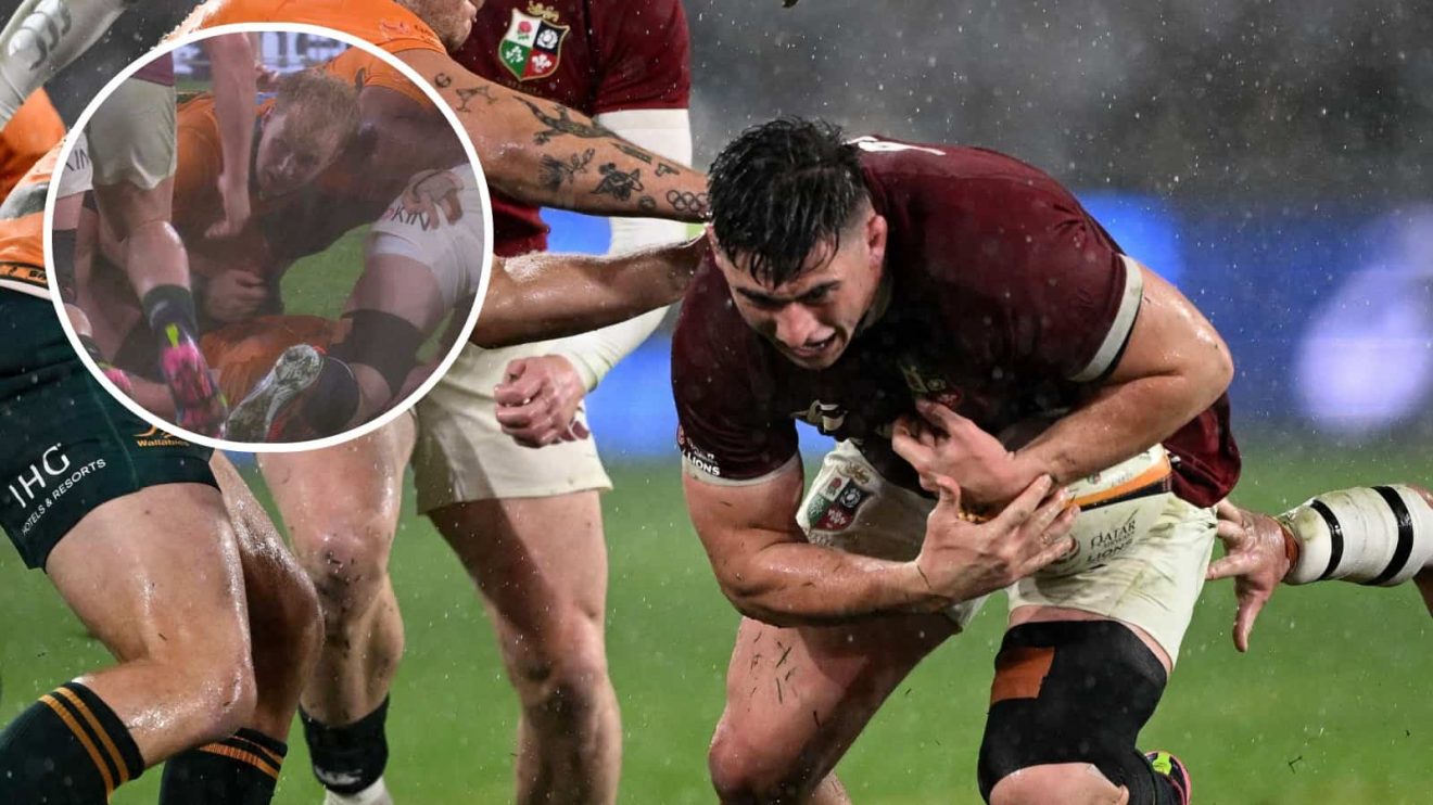 British and Irish Lions hooker Dan Sheehan and an inset of Wallabies fly-half Tom Lynagh bracing for contact.