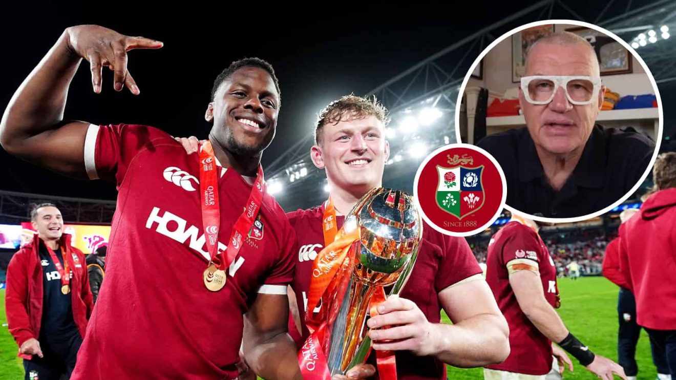 British and Irish Lions forwards Maro Itoje and Jac Morgan with an inset of All Blacks legend Sir John Kirwan.