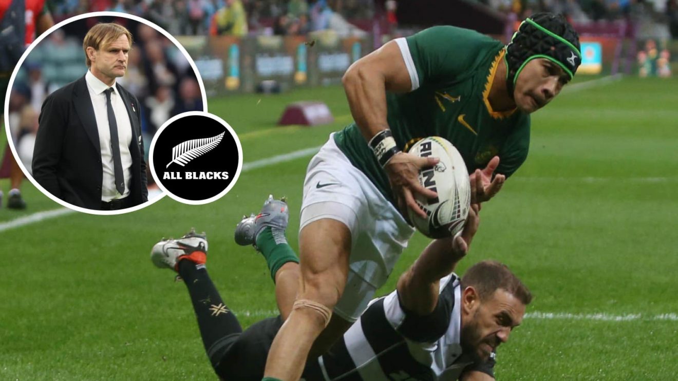 Springboks star Cheslin Kolbe and All Blacks head coach Scott Robertson (inset).