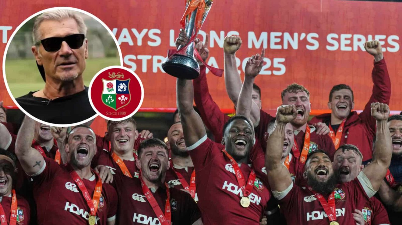 British and Irish Lions celebrate a series win over Australia and an inset of ex-All Black Murray Mexted.