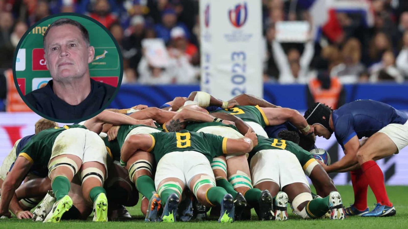 Scrum between France and South Africa during the Rugby World Cup and an inset of Springboks head coach Rassie Erasmus.