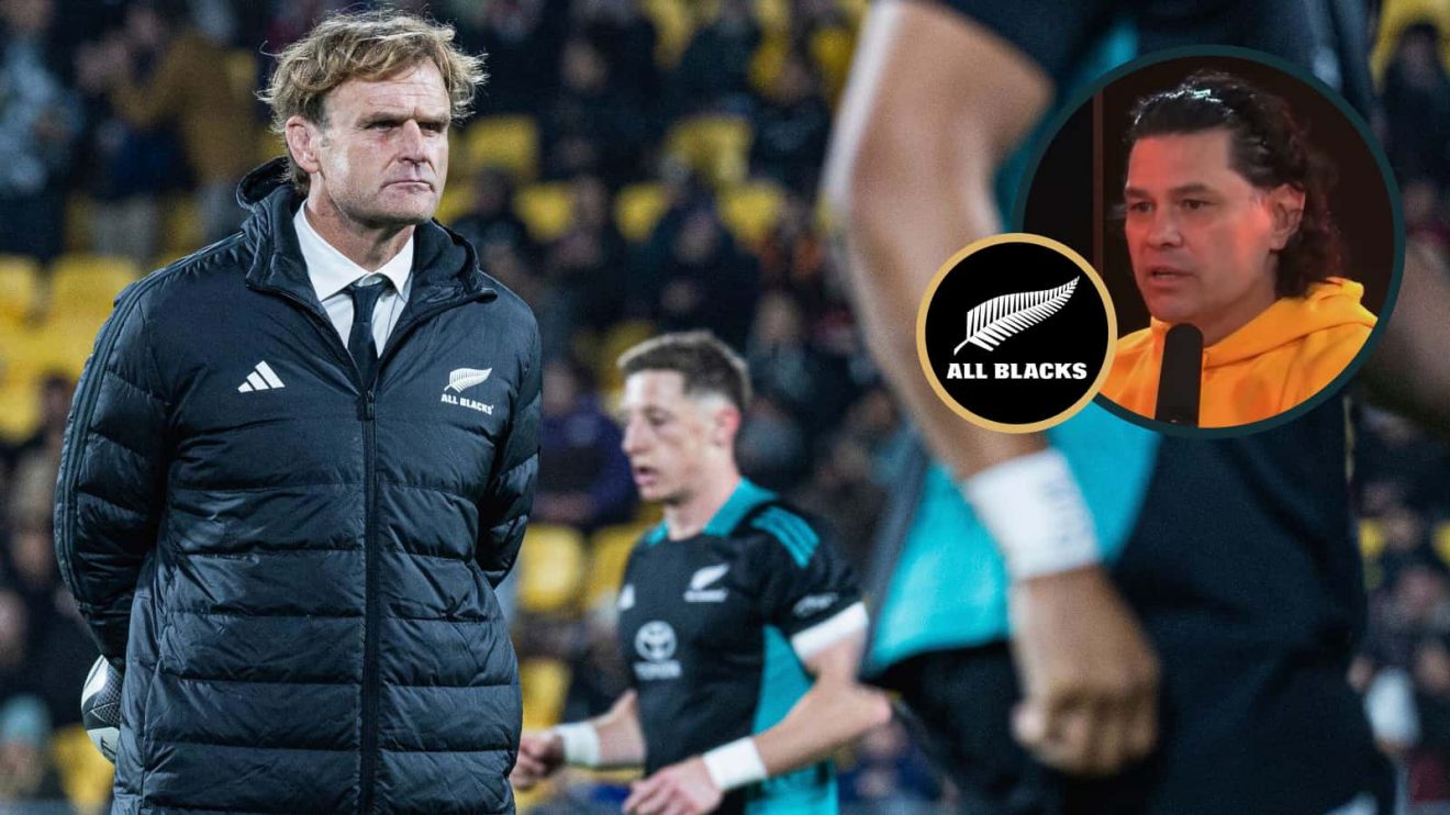 All Blacks head coach Scott Robertson and Wallabies great Jeremy Paul (inset).
