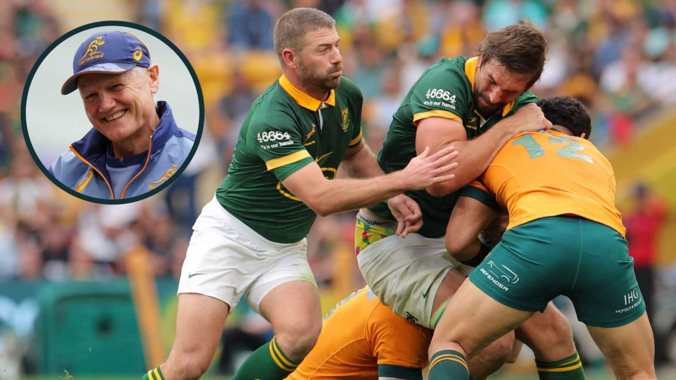 Wallabies taking on the Springboks in the Rugby Championship, and Australia head coach Joe Schmidt (inset).