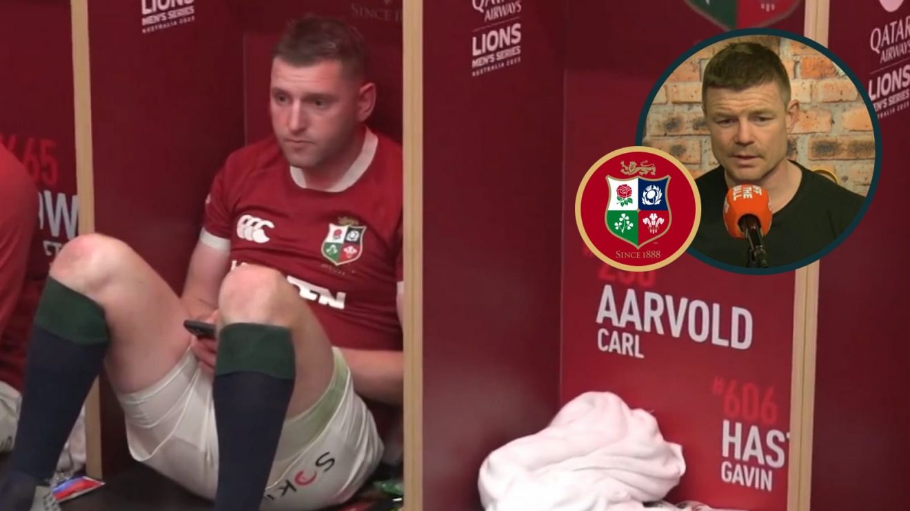 British and Irish Lions fly-half Finn Russell on his phone and legendary centre Brian O'Driscoll (inset).