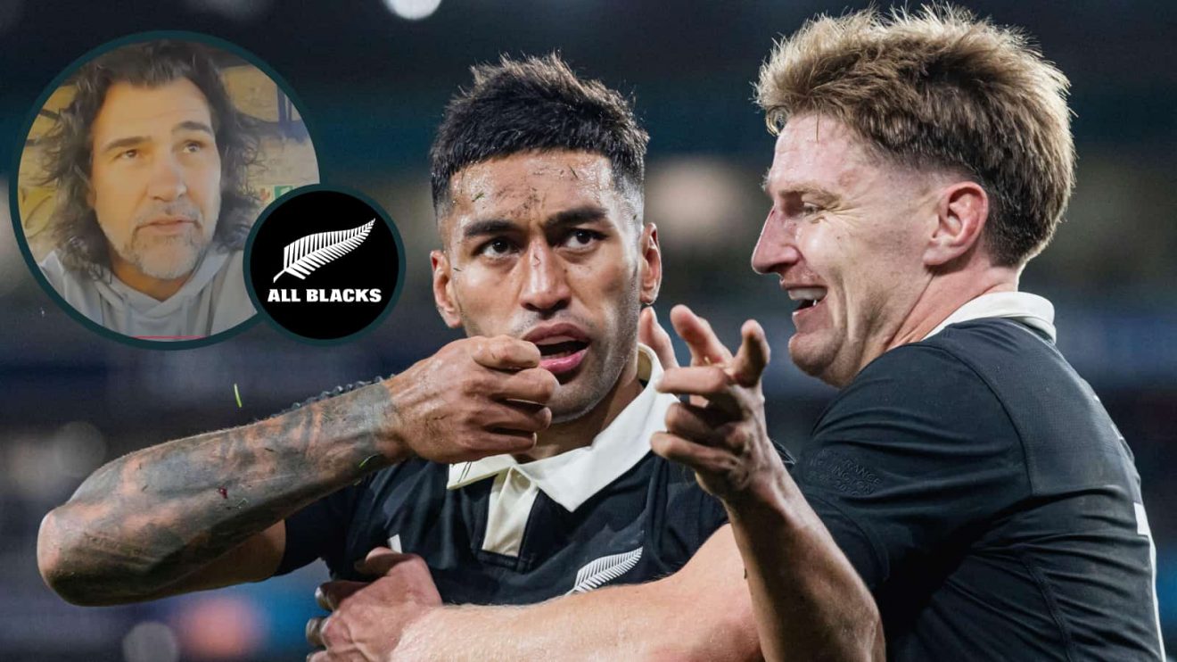 All Blacks backs Rieko Ioane and Jordie Barrett with ex-Springboks lock Victor Matfield.