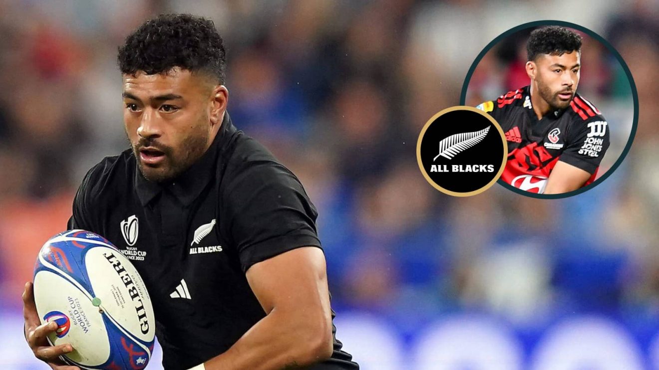 Richie Mo'unga in action for the All Blacks and Crusaders (inset).