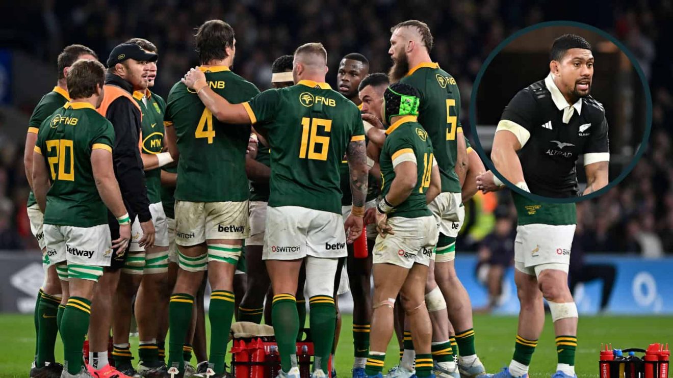 Springboks huddle and an inset of All Blacks star Ardie Savea.