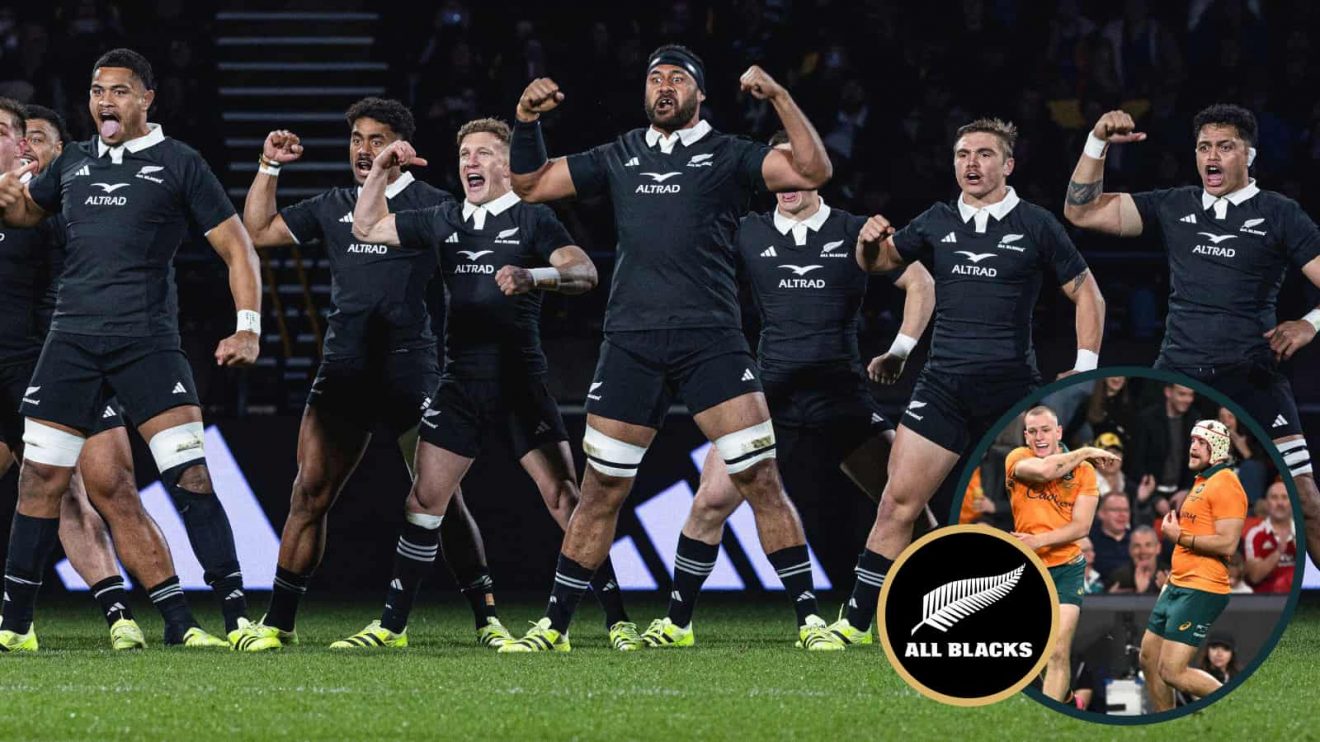 All Blacks players doing the haka during France series and Wallabies celebrating try against the British and Irish Lions (inset).