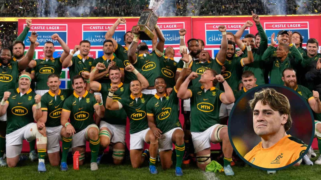 Springboks with the Freedom Cup after beating the All Blacks in 2024, and Wallabies fly-half James O'Connor (inset).
