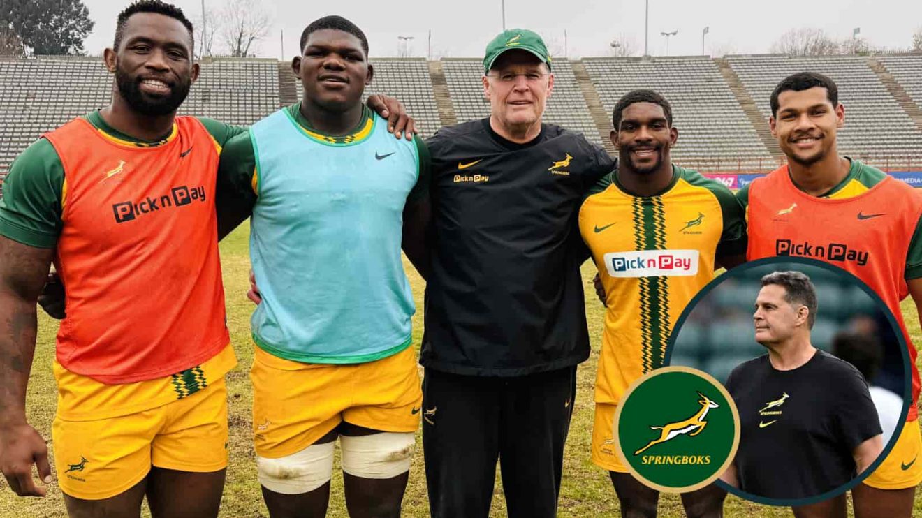 Springbok coach Rassie Erasmus and captain Siya Kolisi with Bathobele Hlekani, Cheswill Jooste, and Haashim Pead via SA Rugby and an inset of Erasmus.