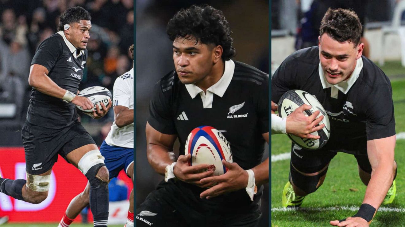 Tupou Vaa'i (left), Wallace Sititi (middle) and Will Jordan (right) in action for the All Blacks.