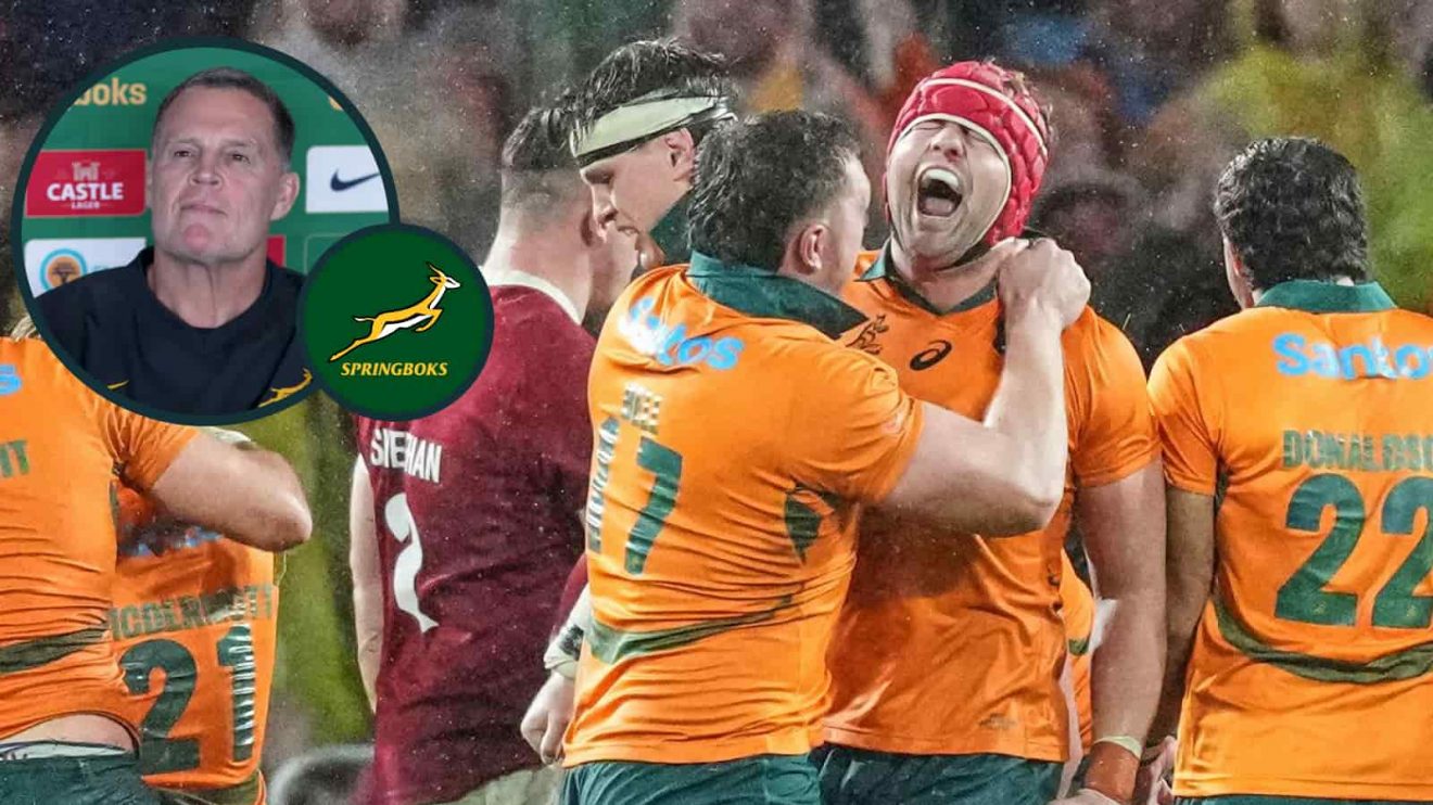 Wallabies captain Harry Wilson and an inset of Springboks head coach Rassie Erasmus.