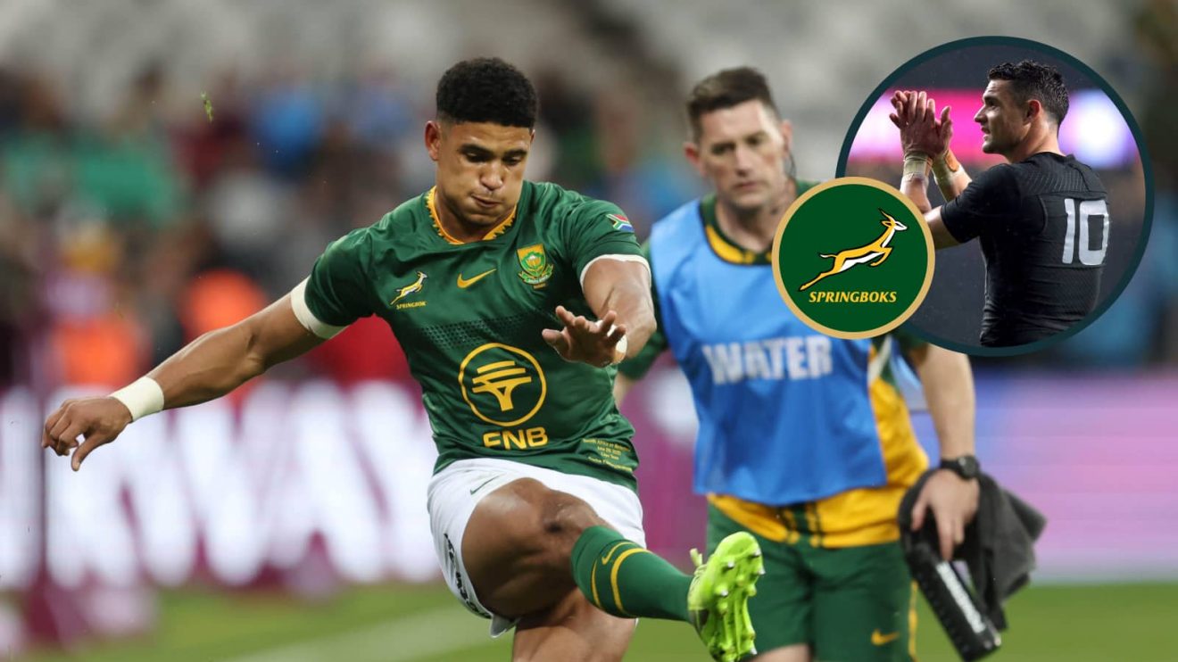 Springboks star Sacha Feinberg Mngomezulu and an inset of ex-All Black Dan Carter.