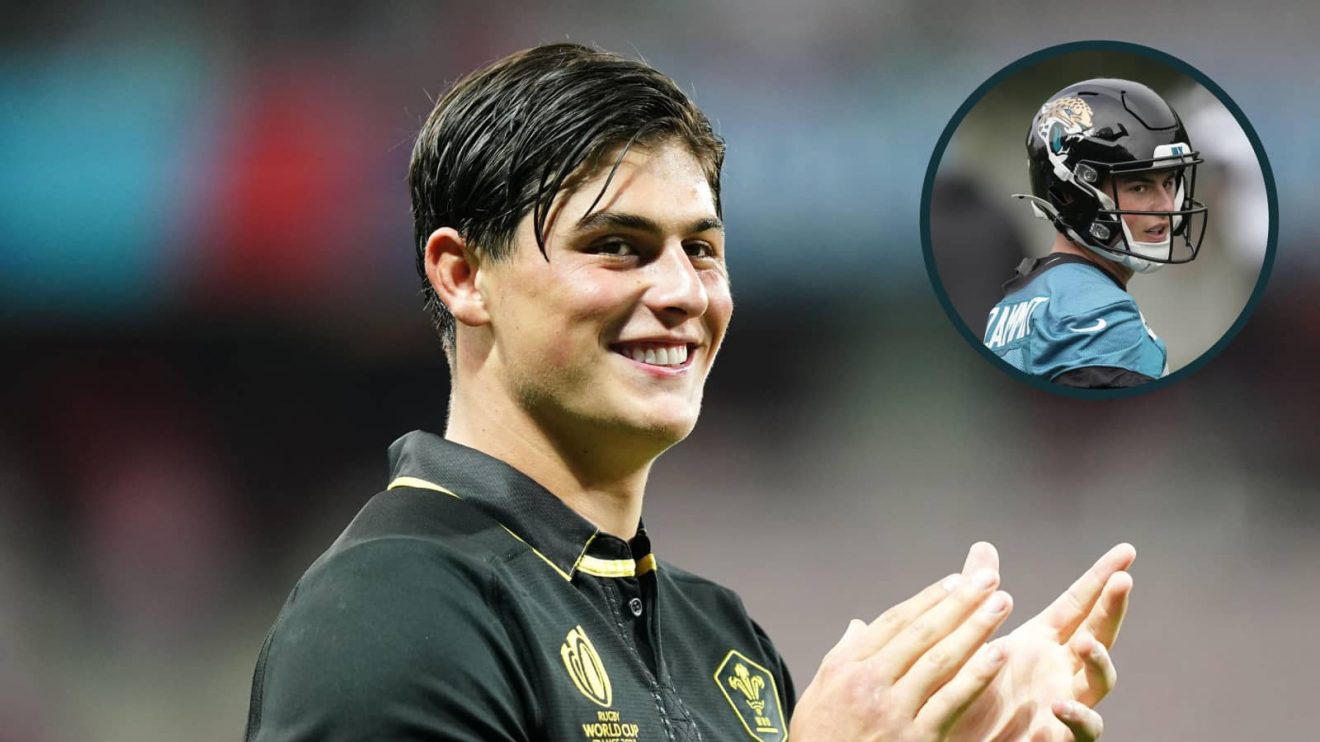 Wales winger Louis Rees-Zammit and an inset of him at the Jacksonville Jaguars.