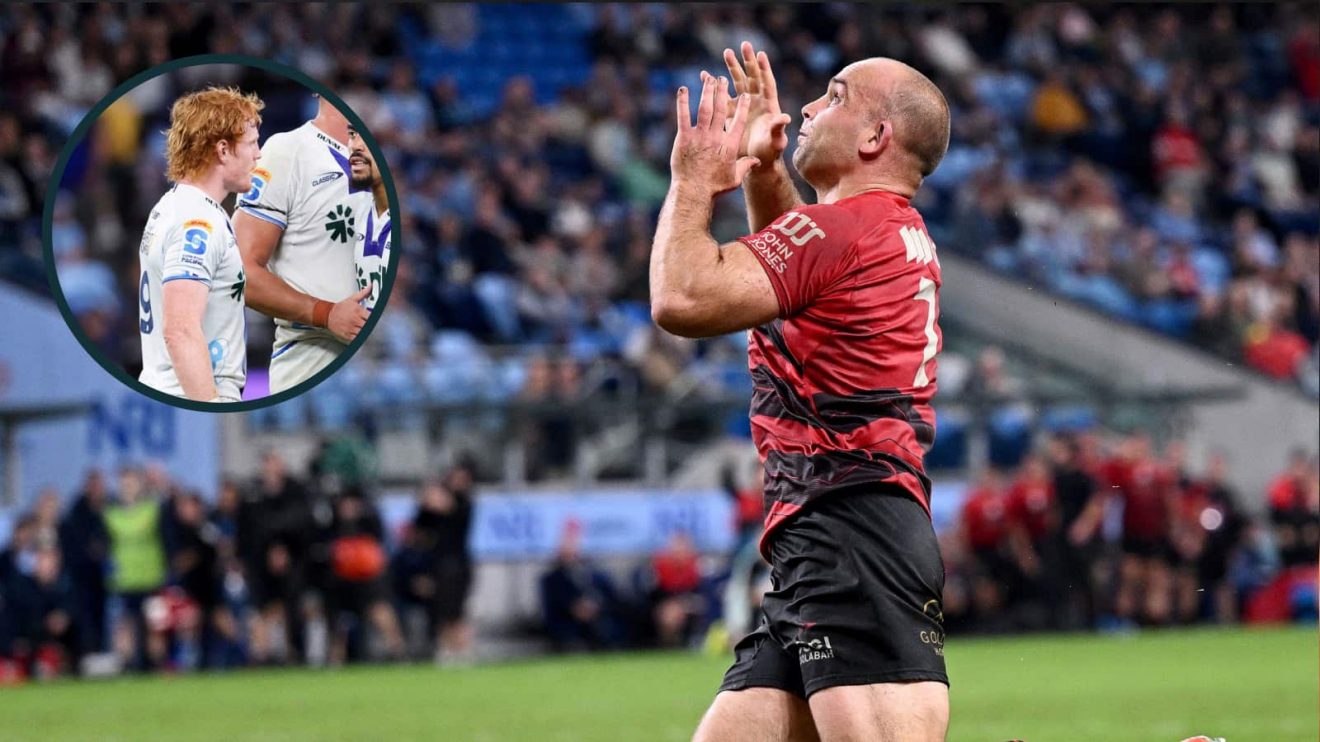 Crusaders flanker Tom Christie and Blues scrum-half Finlay Christie (inset).
