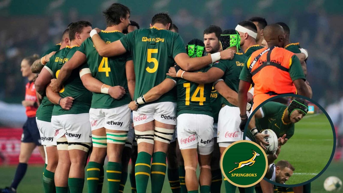 Springboks players in a huddle and Cheslin Kolbe (inset) in action during mid-year series.