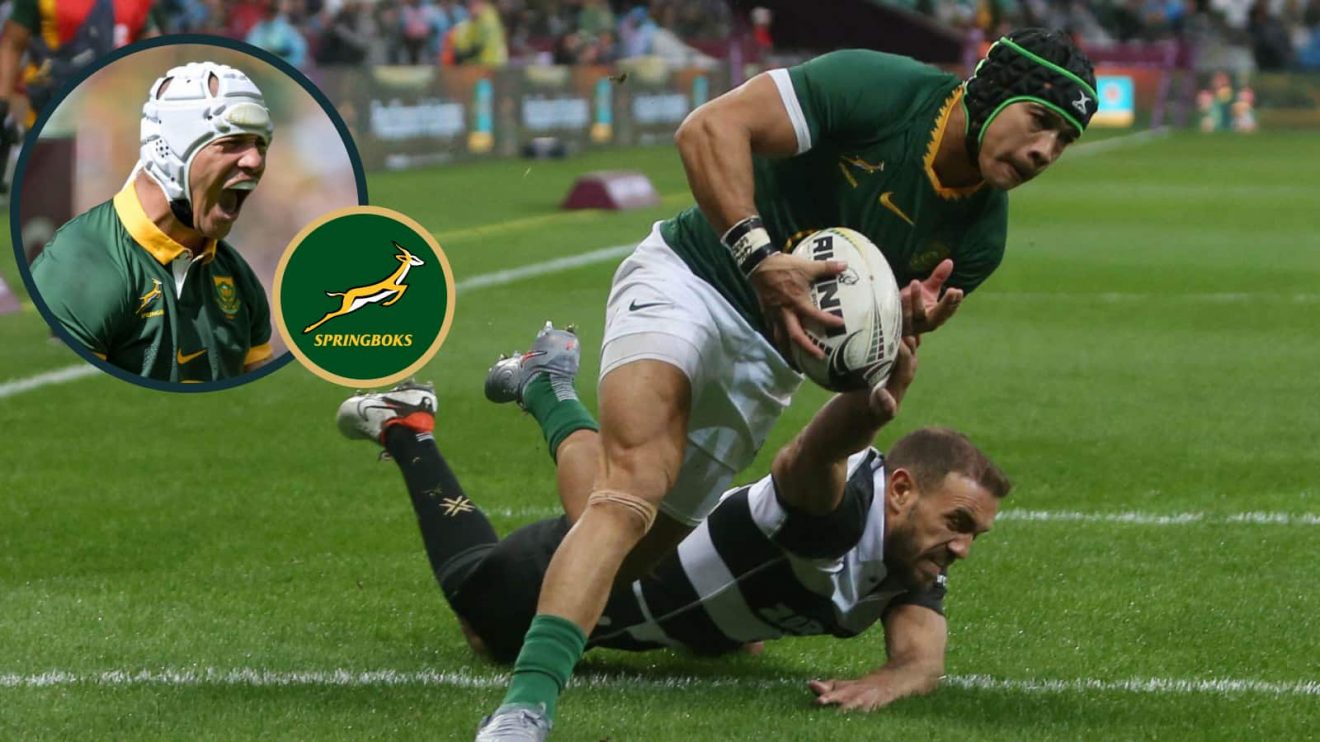 Cheslin Kolbe scoring a try for the Springboks and his replacement for Wallabies clash, Edwill van der Merwe (inset).