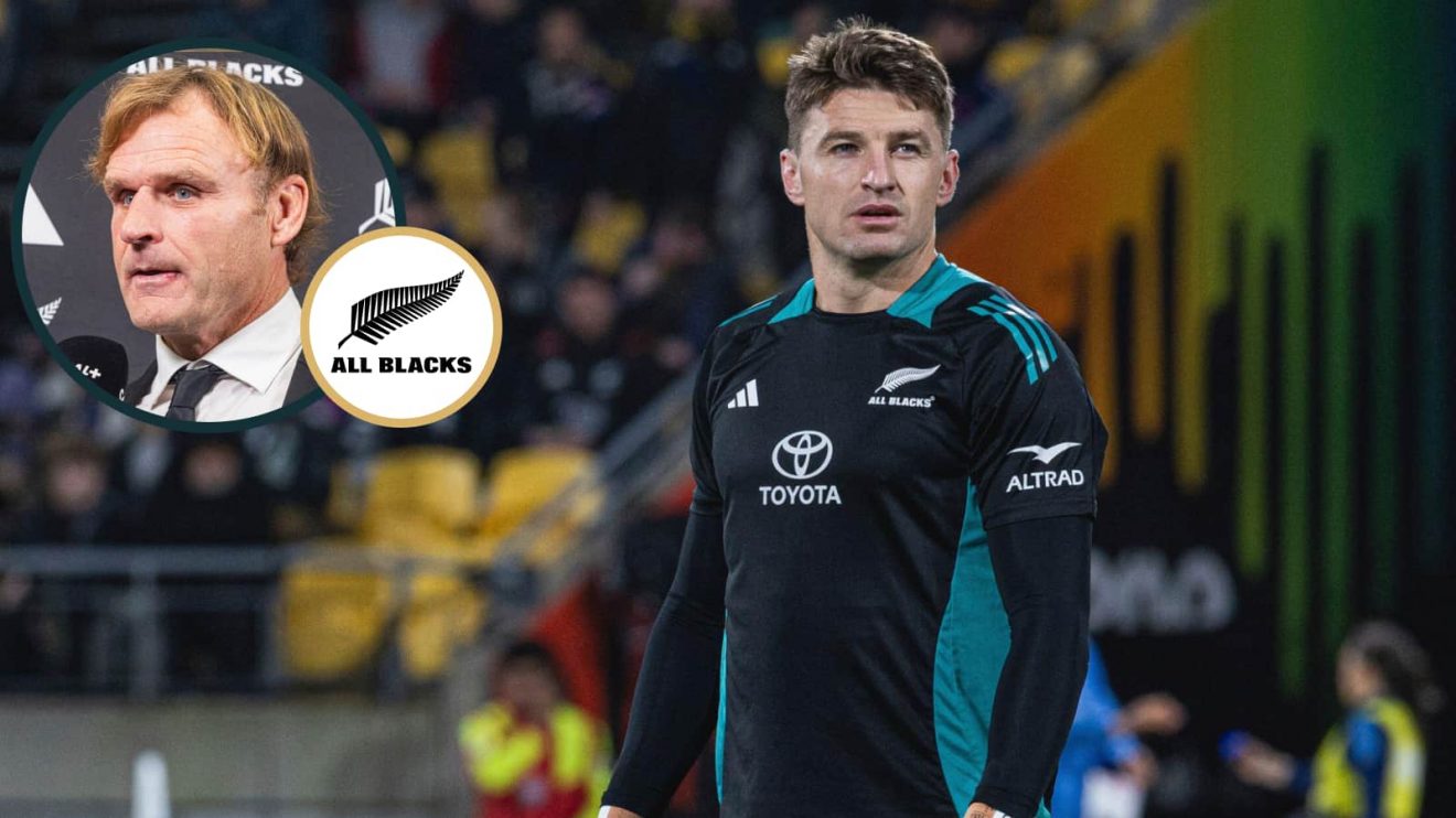 All Blacks fly-half Beauden Barrett and an inset of head coach Scott Robertson.