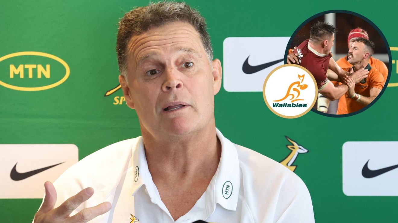 Springboks head coach Rassie Erasmus and an inset of Wallabies scrum-half Nic White.